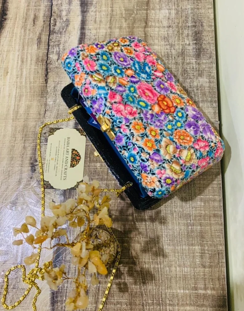Hand Painted Luxury bags, Clutches with hand painted paper mache art, Papier mache clutches from Kashmir, Boho Handbags for women